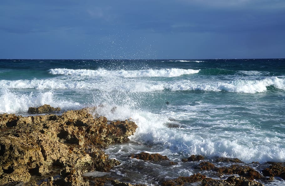 waves splashing on rocks, Sea, Water, Mexico, Cliffs, Cozumel HD wallpaper
