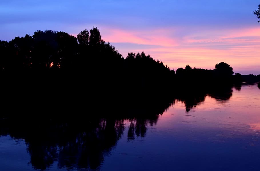 sunset, river, evening sky, water, abendstimmung, romantic HD wallpaper