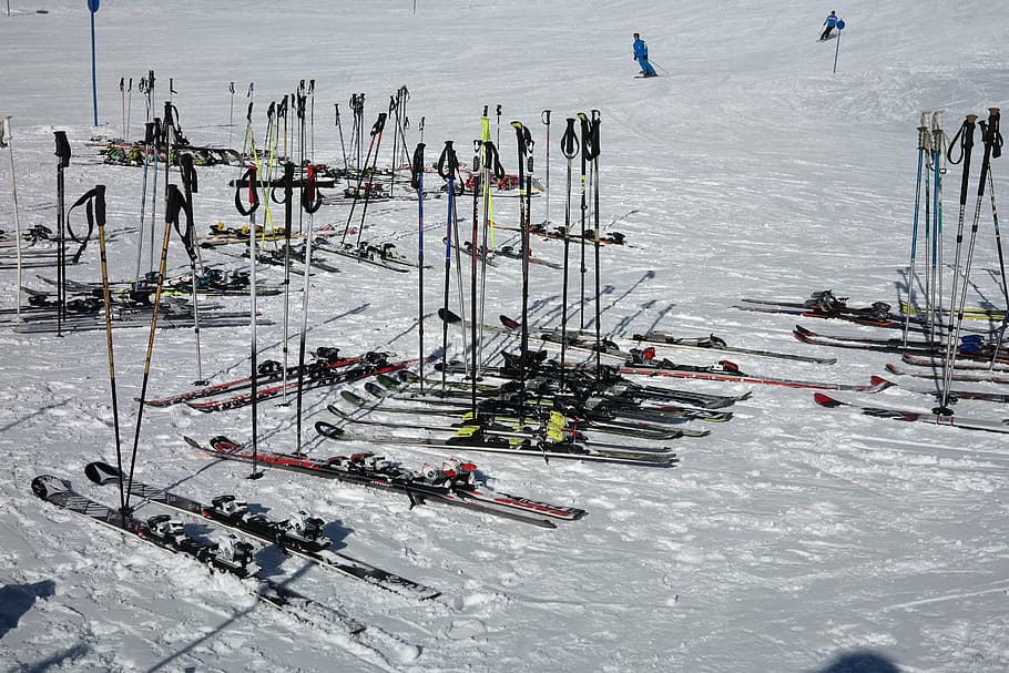 ski poles, break, rest, ski run, skiing, ski area, winter sport HD wallpaper