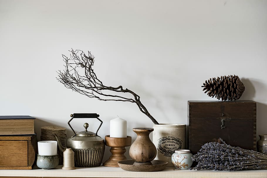 white pillar candle on brown wooden base, assorted ceramic vase HD wallpaper