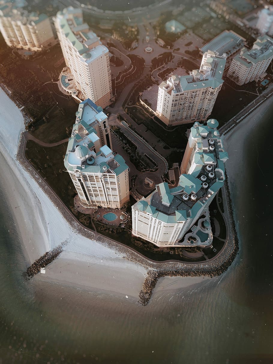 white and blue building miniatures, aerial photography of high-rise buildings during daytime HD wallpaper