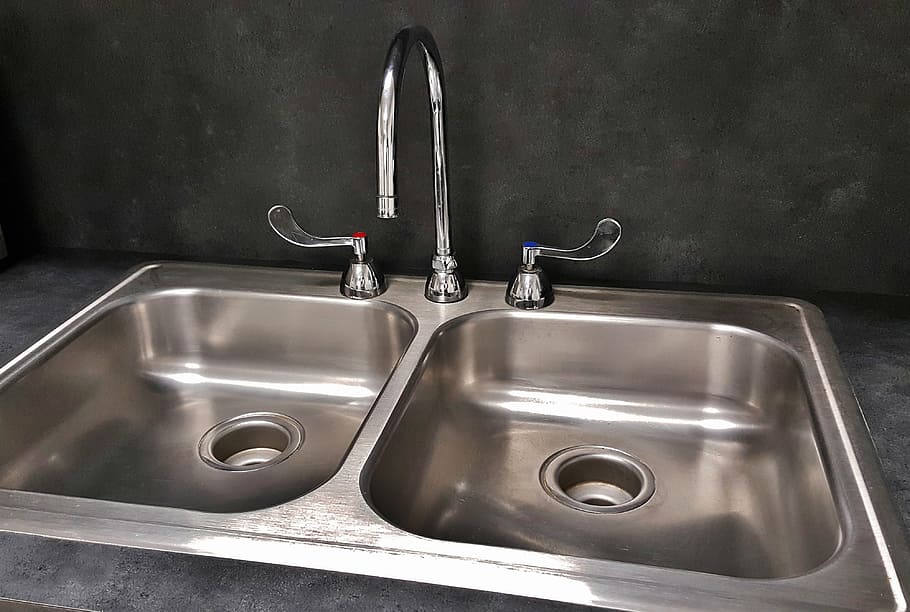 gray stainless steel twin sink with faucet, basin, kitchen sink