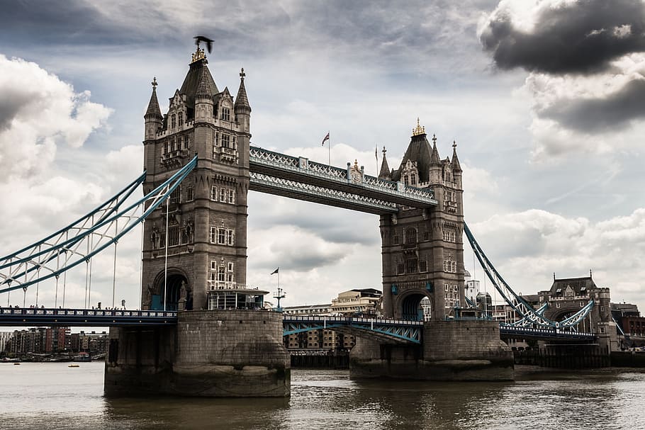 cloudy, sky, bridge, building, structure, water, river, sea HD wallpaper