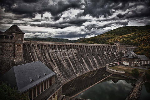 Dam, Stone Wall, Heavy, Clouds, Hdr, sky, heavy clouds, river HD wallpaper