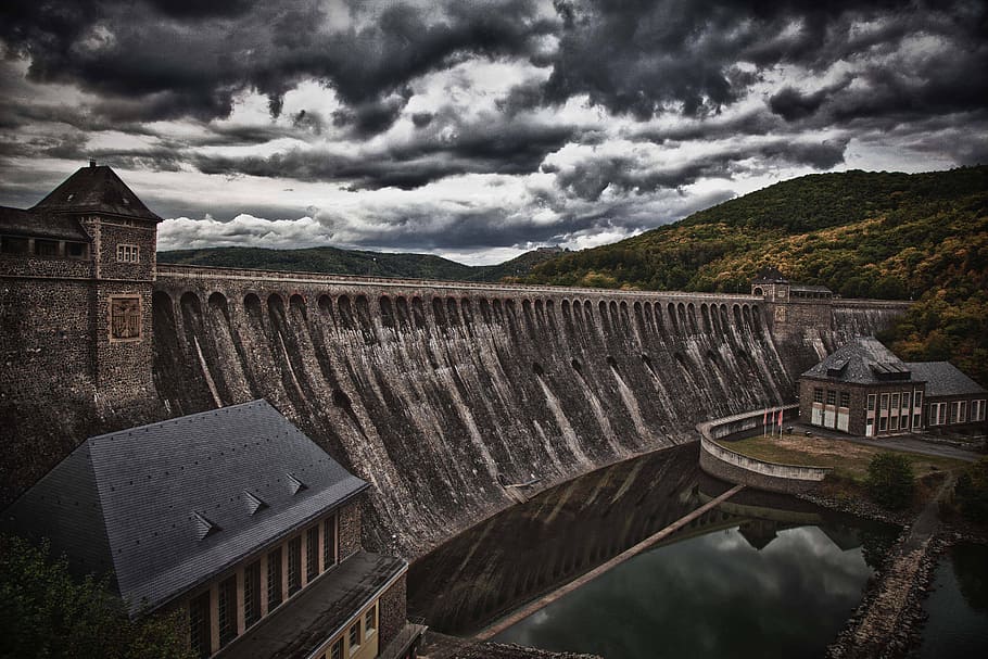Dam, Stone Wall, Heavy, Clouds, Hdr, sky, heavy clouds, river HD wallpaper