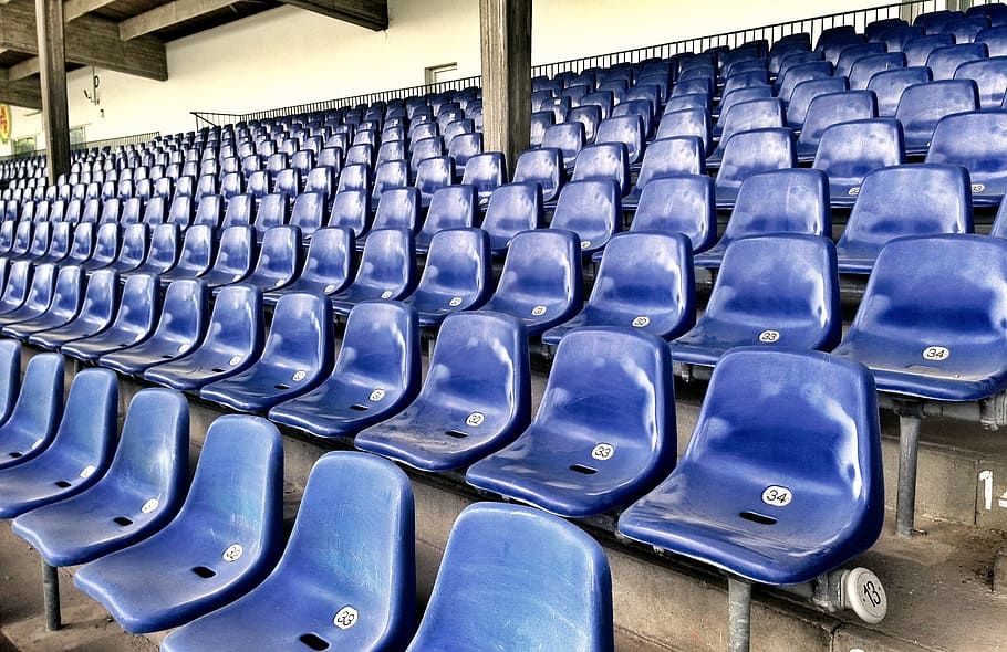 blue plastic bench chairs, sit, grandstand, theater, football stadium, HD wallpaper