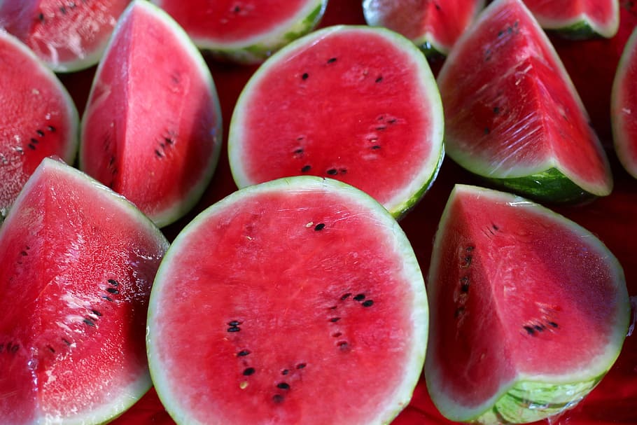 slice watermelons, healthy, fruit, red, food, eating, colorful, HD wallpaper
