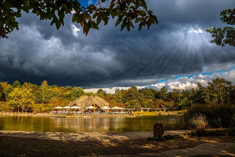 water, sky, clouds, landscape, lake, nature, tree, outdoors HD wallpaper