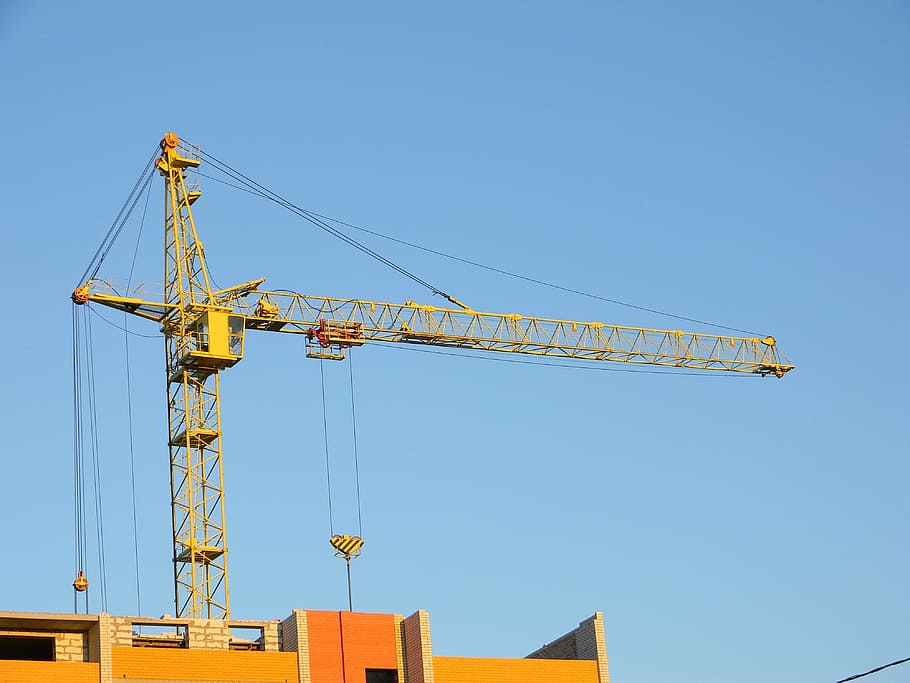 yellow crane, construction, crane hoisting, jib crane, multi-storey building HD wallpaper