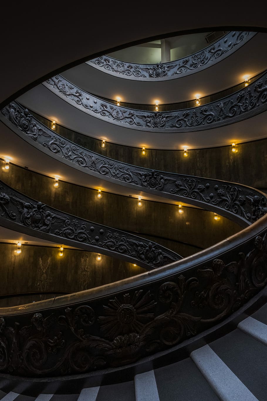 gray concrete stairway with lights, spiral stairways with turned on lights HD wallpaper