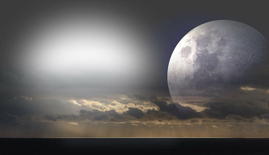 full-moon covered with clouds, sea, light, mystical, full moon HD wallpaper