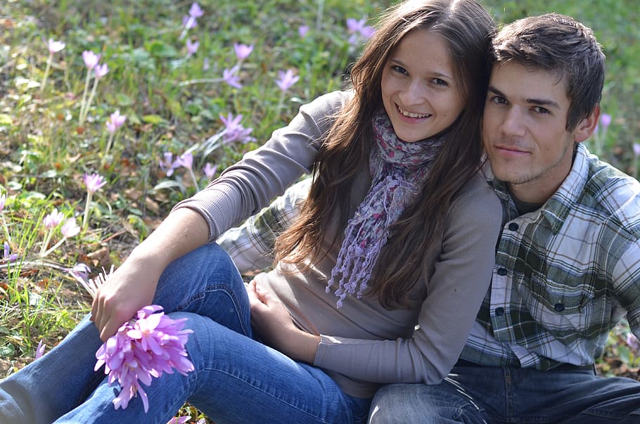 Spring, Love, Excursion, young couple, nature, mood, three quarter length HD wallpaper
