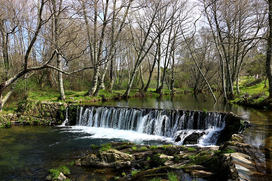 Weir, Cascade, Water, Nature, Oleiros, waterfall, flowing water HD wallpaper