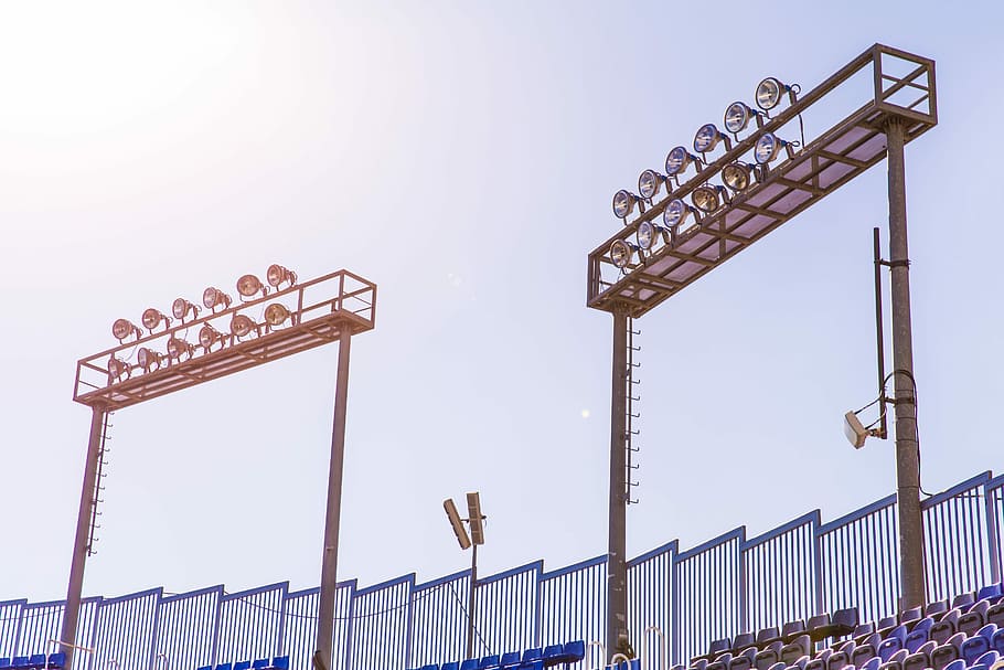 worms eye view photography of lightposts, two baseball stadium lights HD wallpaper