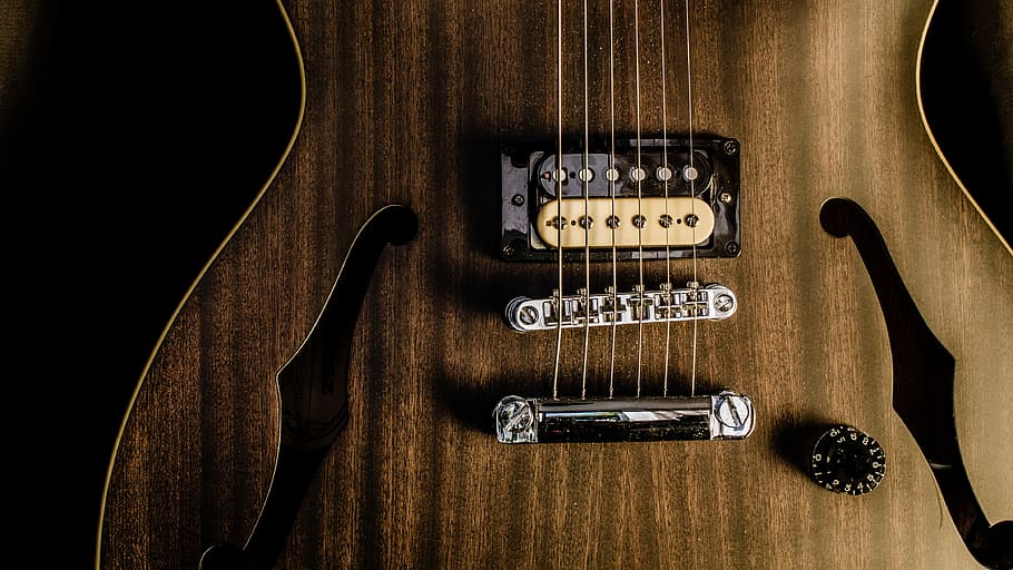 brown jazz guitar, brown guitar closeup photography, strings HD wallpaper