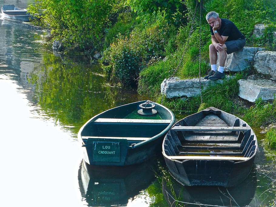 thinking, boats, tranquil, river, pondering, sitting, water HD wallpaper