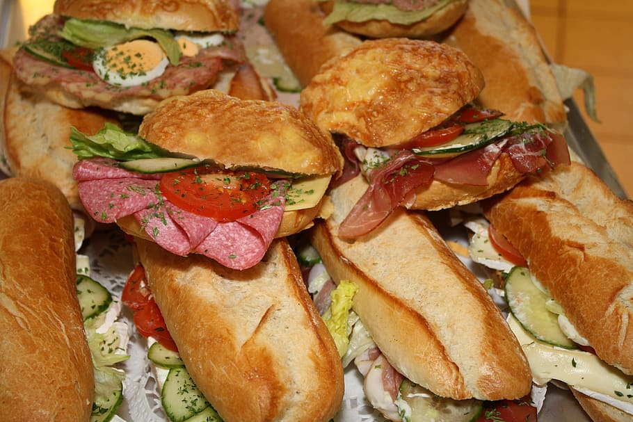 pile of sandwich and burger, sandwiches, roll, snack, bakery, HD wallpaper