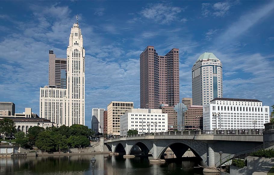 bridge near high rise buildings under blue sky, Columbus, Ohio