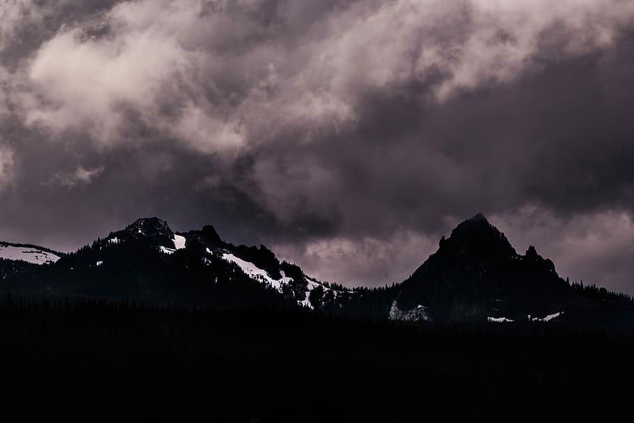 silhouette photo of mountain, silhouette of mountains under nimbus clouds HD wallpaper