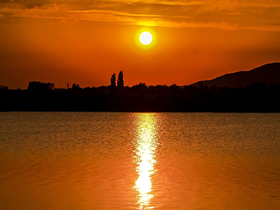 landscape, pond, twilight, sun, sunset, sky, silhouette, water HD wallpaper