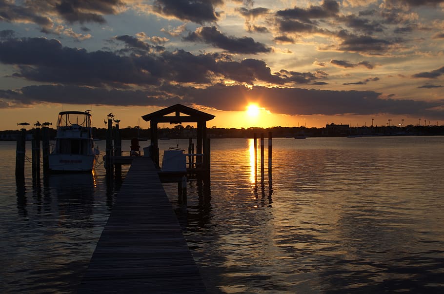 Sunset, River, Dock, Water, Sky, landscape, nature, outdoor HD wallpaper