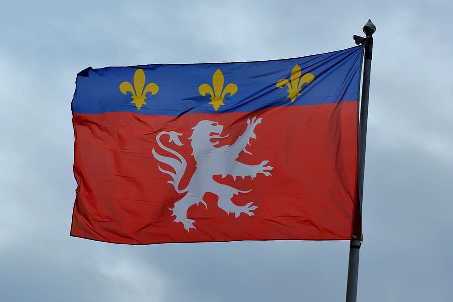 flag, lion, lyon, flutter, symbol, waving, sky, patriotism HD wallpaper