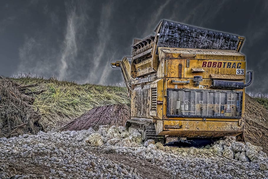 backhoe, construction equipment, highways, land, nature, field HD wallpaper