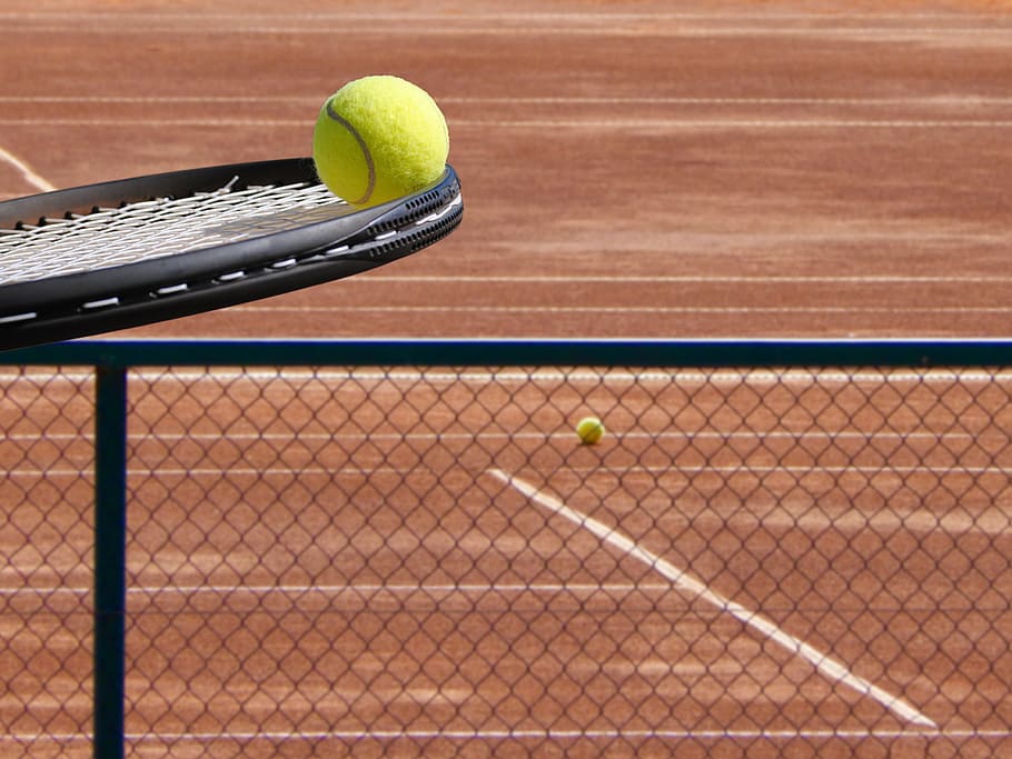 black tennis racket and ball, court, racquet, tennis ball, tennis court