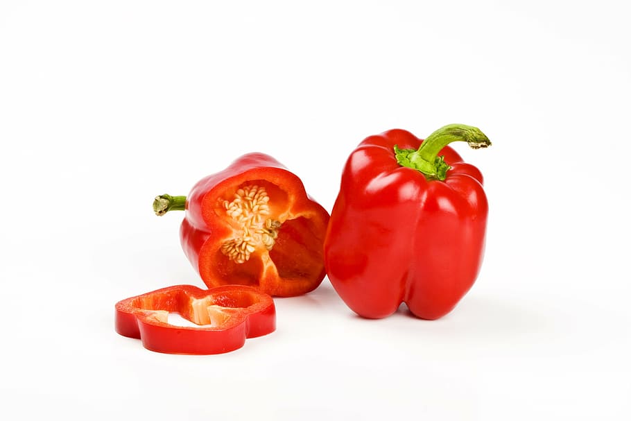 two red bell pepper vegetables, red pepper, food and drink HD wallpaper