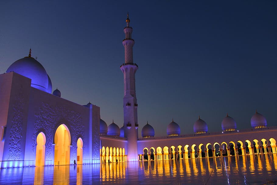 night, view, evening, pray, muslim, amazing, sheikh zayed grand mosque HD wallpaper
