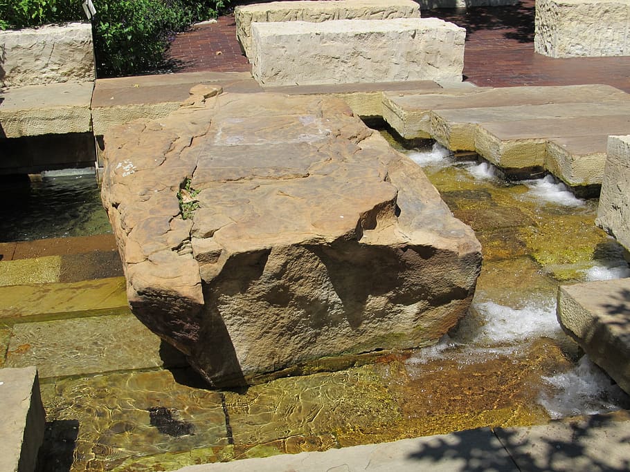 stone, pool, water feature, garden, rock, peaceful, limestone HD wallpaper