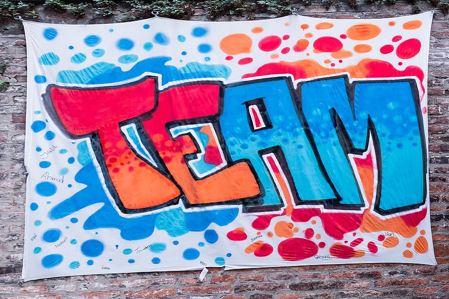 graffiti, team, wall, brick, red, blue, manager, teamwork, coach HD wallpaper