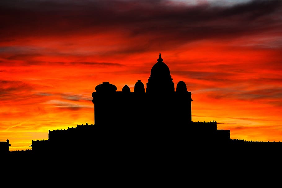 sunset, temple, silhouette, landmark, asia, sky, religion, architecture HD wallpaper