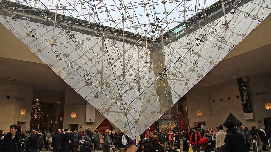 Louvre, Pyramid, Paris, crowd, large group of people, built structure HD wallpaper