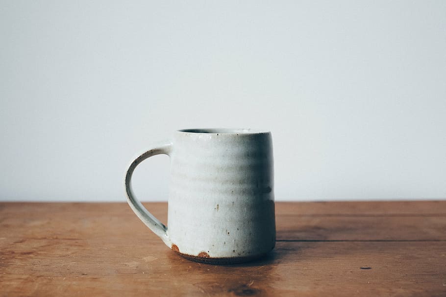 white mug on brown wooden furniture, table, pitcher, indoors HD wallpaper
