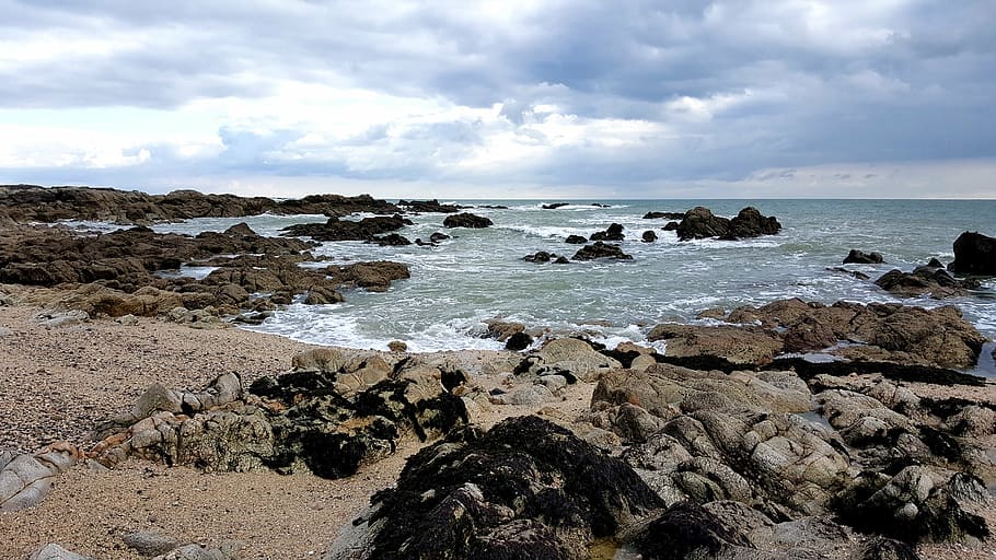seaside, perspective, shore, colors, sand, water, rock, rock - object HD wallpaper