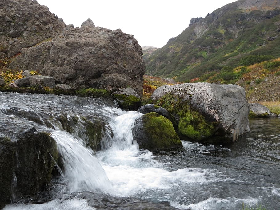 waterfalls near land and mountain, mountain stream, stones, rocks, HD wallpaper