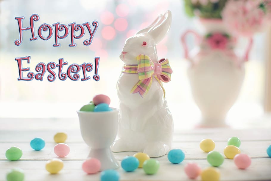 white ceramic rabbit figurine, Happy Easter, Easter, Bunny HD wallpaper
