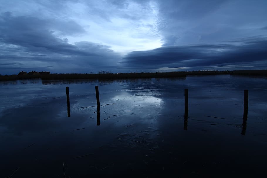 lake, sky, clouds, blue hour, mirroring, rest, twilight, water HD wallpaper