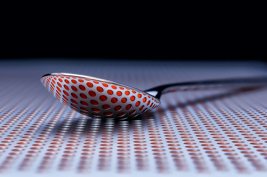 close up photo of stainless steel spoon on white and red dotted surface, HD wallpaper