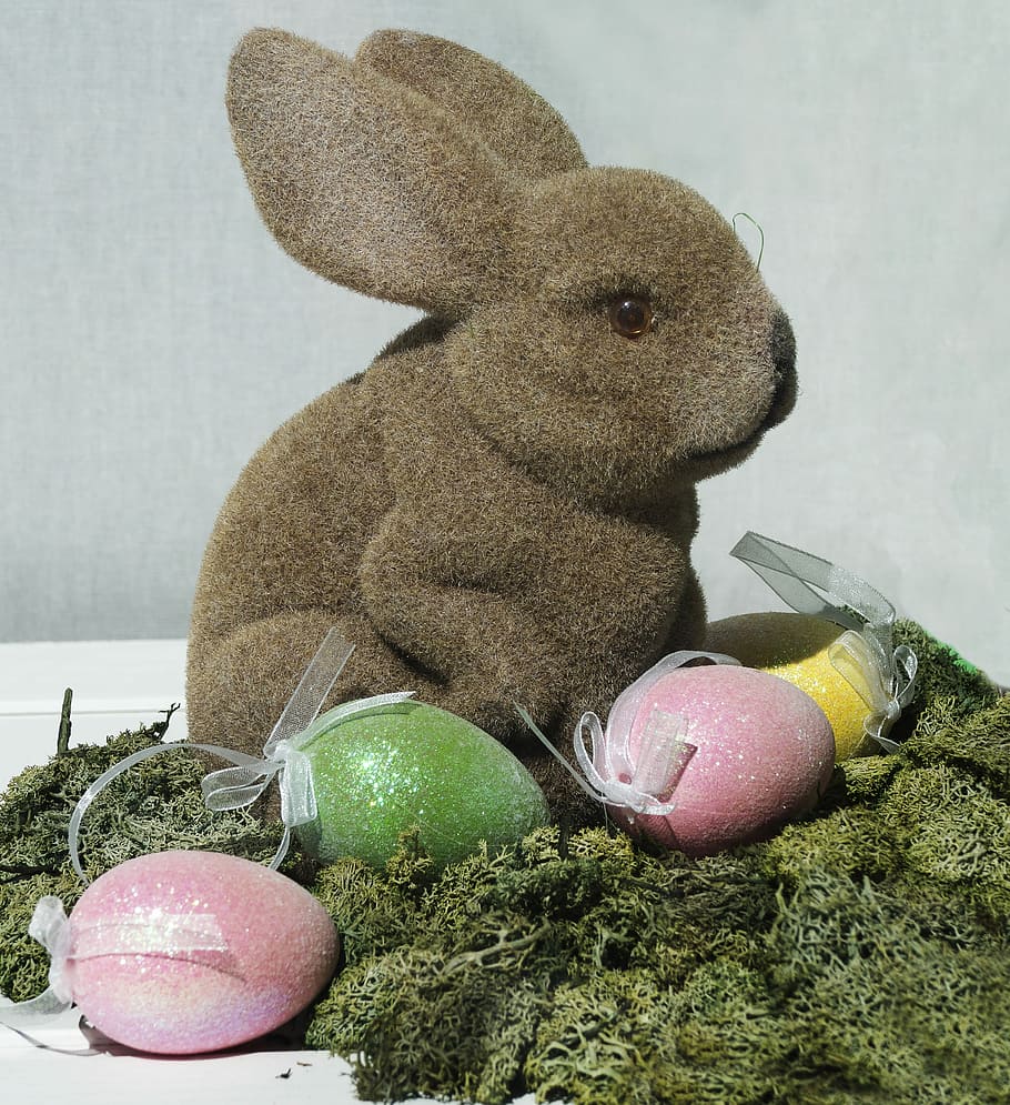 hare, easter theme, easter eggs, moss, easter decoration, figure, HD wallpaper