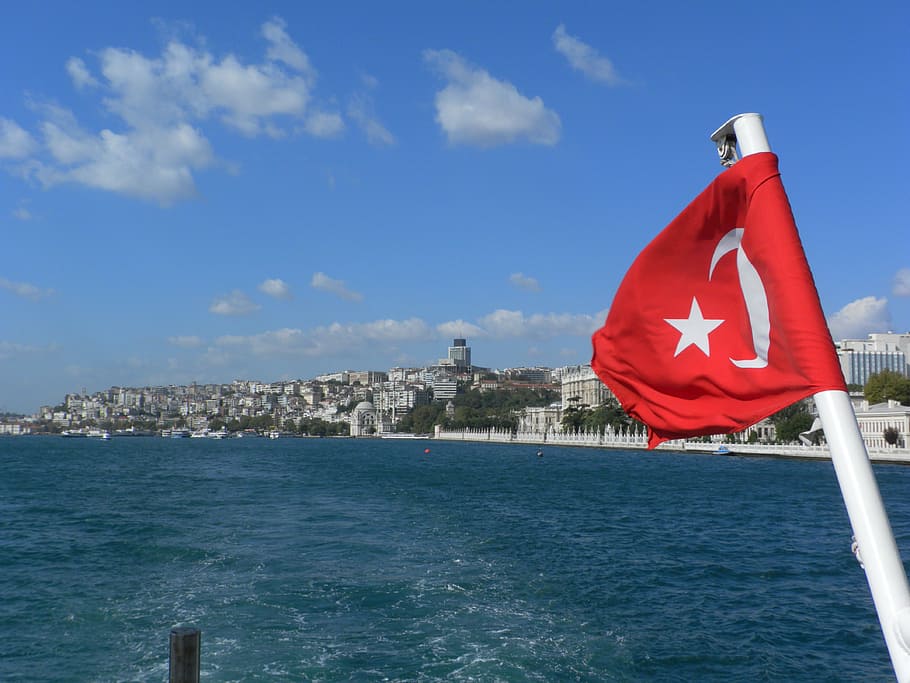 turkey, bosphorus, istanbul, turkish flag, architecture, red, HD wallpaper