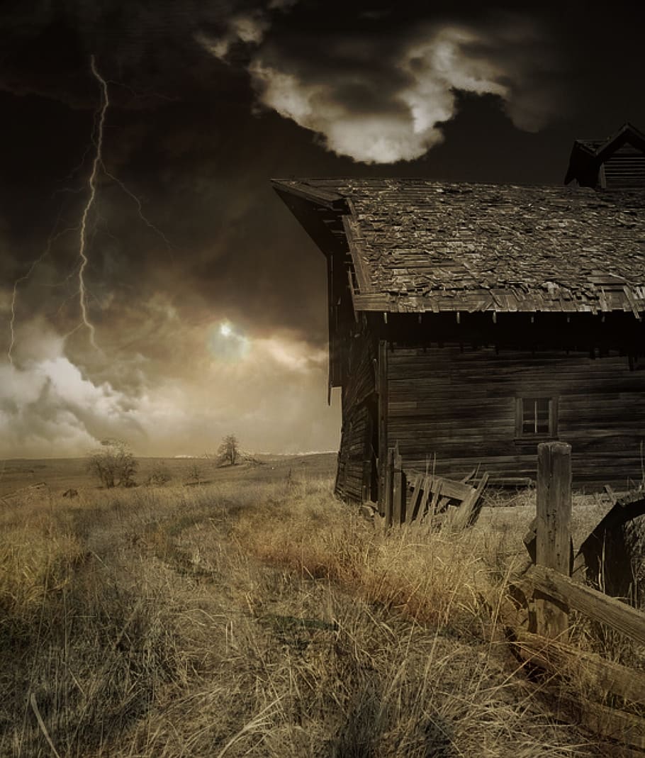 storm approaching on green field with barn during daytime, hut HD wallpaper