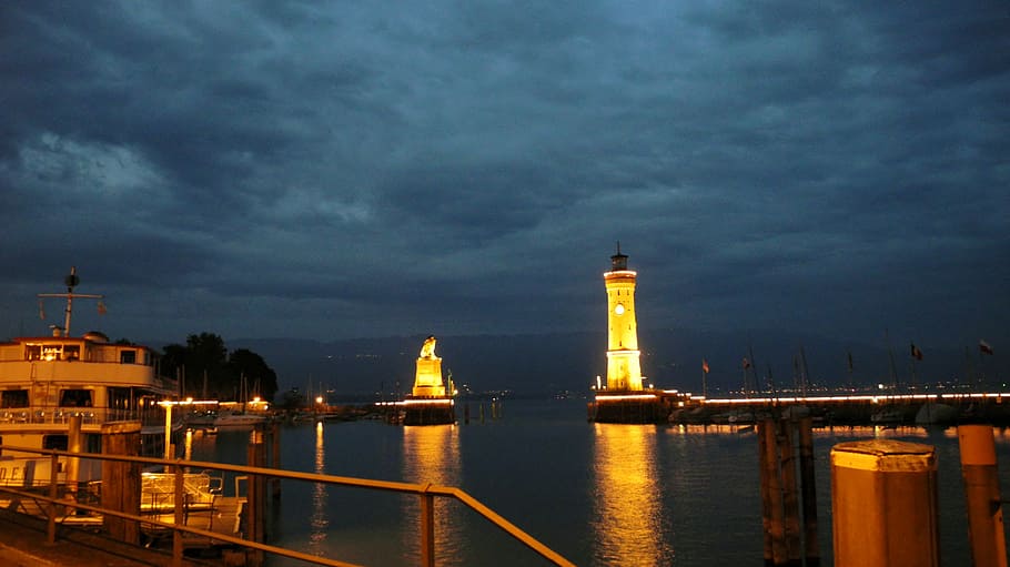 lindau, port, lighthouse, night, illuminated, idyllic, landmark HD wallpaper