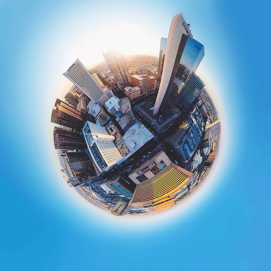 fish eye lens photography of high-rise buildings, little planet illustration