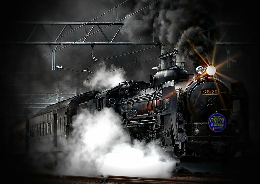 black and white smoke coming from train, steam train, locomotive