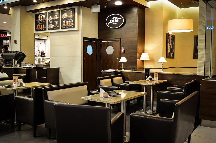 cafeteria with dining tables and chairs, Interior, Mood, Light HD wallpaper