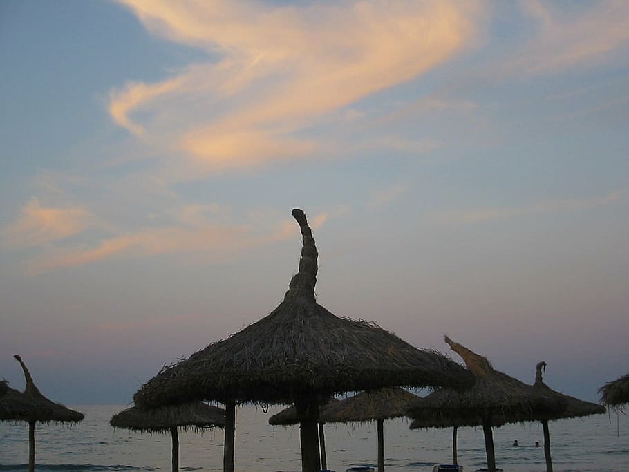 sky, clouds, twilight, parasols, sea, summer, beach, vacations HD wallpaper