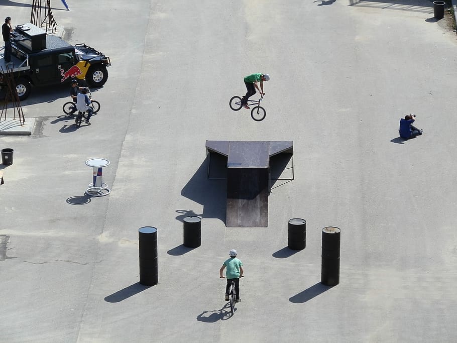 Bicycle, Jump, Sport, one person, adults only, rear view, high angle view HD wallpaper