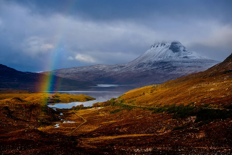 rainbow above brown field, mountains and body of water during cloudy sky HD wallpaper